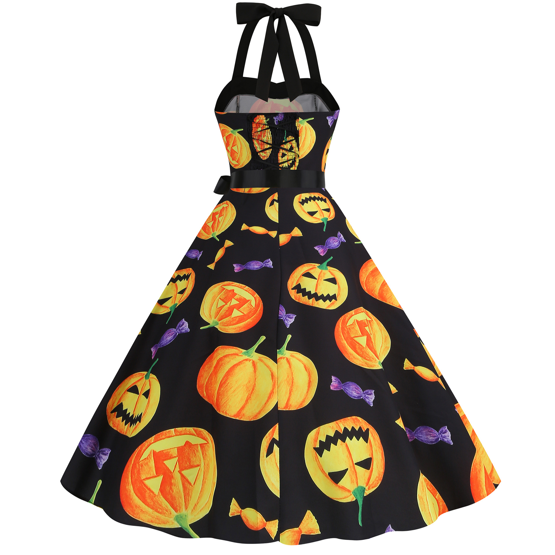 Women Sleeveless Halter Print Halloween Dresses Elegant Festival Party Costumes